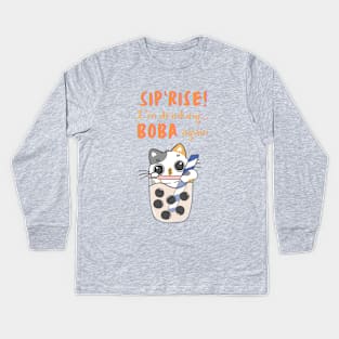 Boba Surprise/Sip-prise Cat with a giant cup of Boba tea Kids Long Sleeve T-Shirt